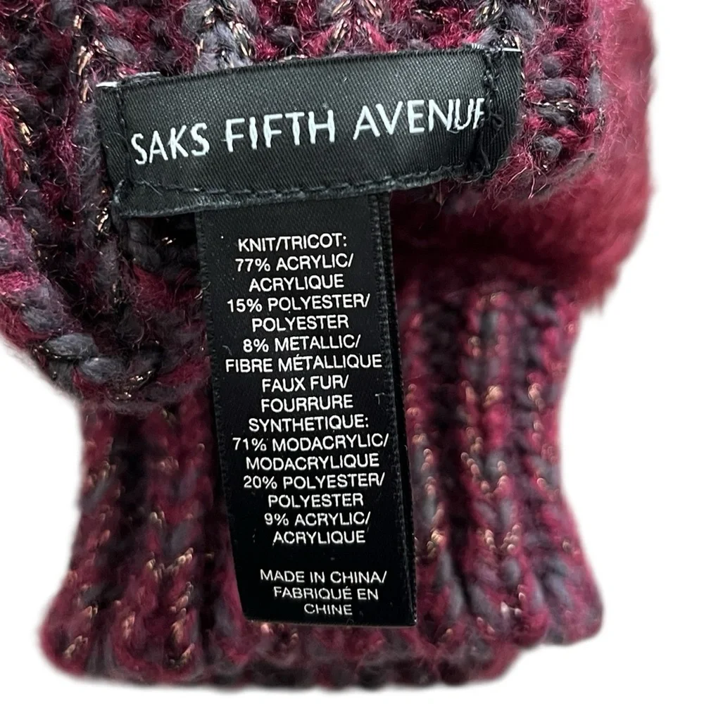 SAKS FIFTH AVENUE Fingerless Knit Gloves Faux Fur Burgundy Gray Metallic
